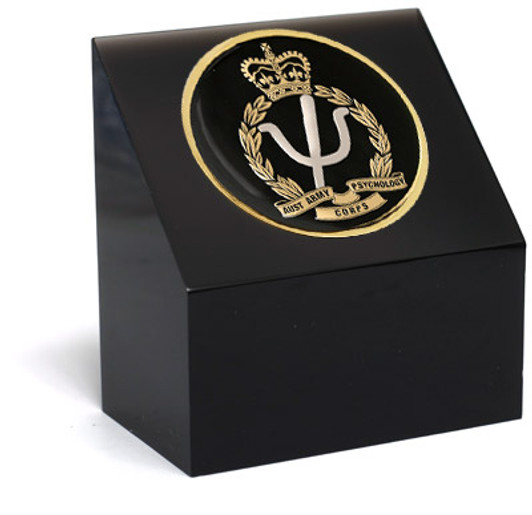 AAPSYCH Medallion In Block Superb Australian Army Psychology Corps (AA PSYCH) 48mm medallion presented in a black acrylic desk block. Order now, the block is presented in a form cut gift box making it perfect for awards, presen