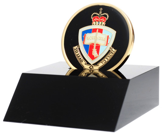 ADFA Medallion In Stand Superb Australian Defence Force Academy (ADFA) medallion presented in a black acrylic desk stand. The stand allows the medallion to sit freely and is presented in a form cut gift box, making it perfec