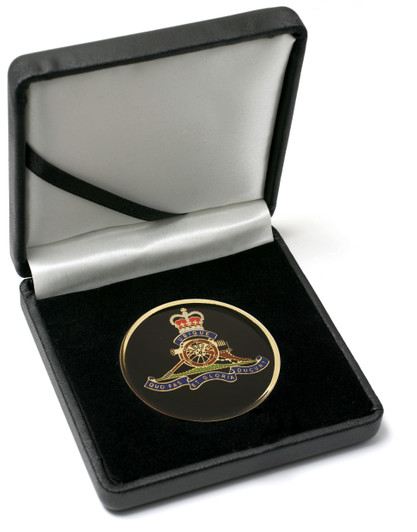 RAA Medallion In Case Get a superb Royal Australian Artillery (RAA) medallion presented in a leather look gift box. Order now from the military specialists, and present your next medallion in style. Specifications: Materia