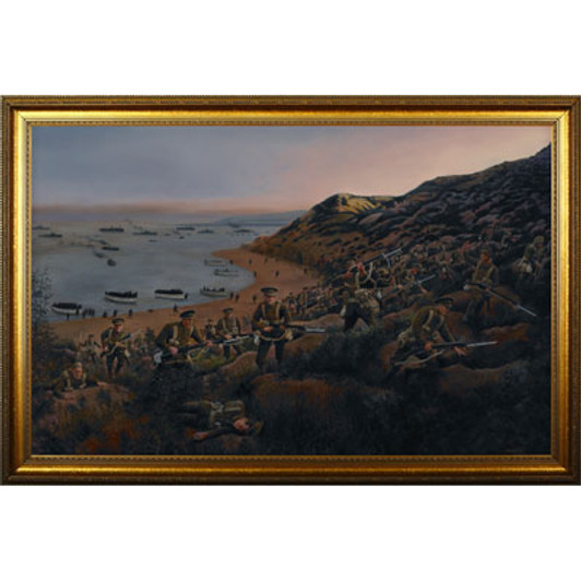 The Landing Full Size Framed Canvas Print This impressive artwork measures 1545mm x 1130mm and captures every expressive brush stroke of the original painting. The frame includes a numbered metal plate which holds a vial of sand from the beac