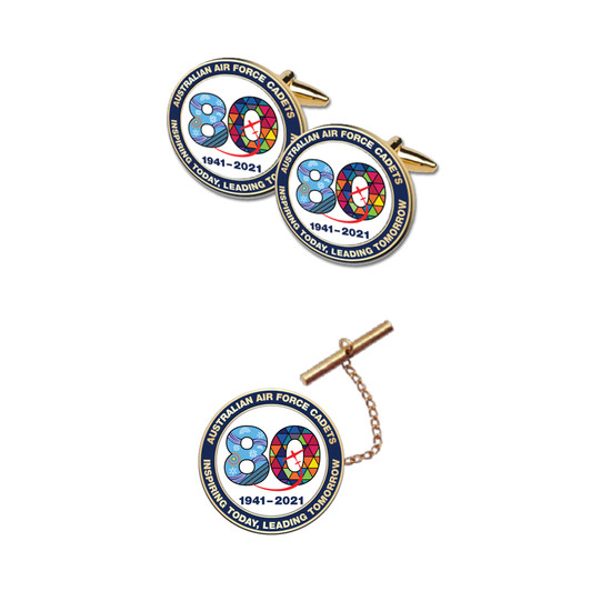 AAFC 80th Tie Pin and Cuff Link Set A vibrant and unique Tie Pin and Cuff Link Set to help celebrate the 80th Anniversary of the Australian Air Force Cadets. This great set is a perfect gift for you or a loved one to celebrate this spec