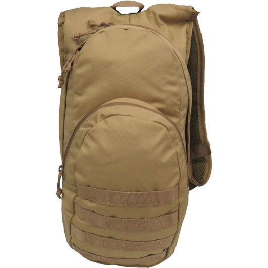 TAS - 1207 Scout Hydro D/Pack 15L - Khaki Hydration PackHeavy duty 900D 2 coats PU fabricBonus 2L wide mouth EVA bladder withneoprene hose coverFront pocketHeavy duty MOLLE webbingPadded mesh harness with sternum strapExpandable front gusset
