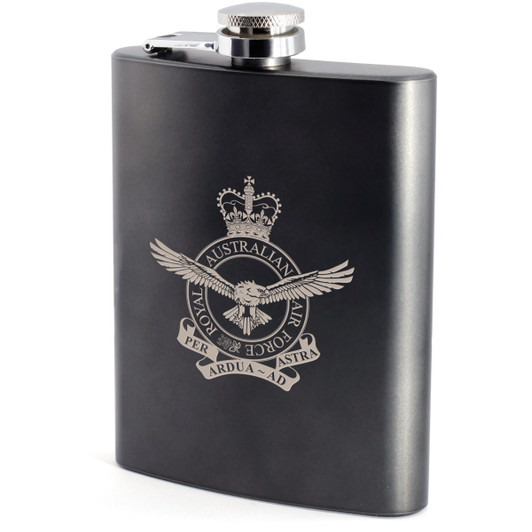 Air Force Hip Flask Air Force crest engraved on a stylish hip flask. This classic hip flask is the perfect gift for any occasion. presented in a box.