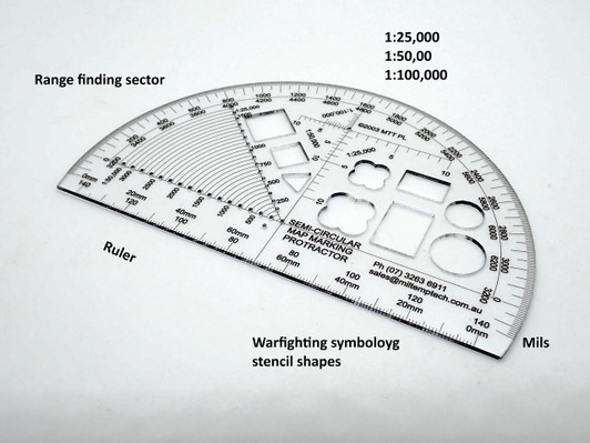 Semi Circular Map Marking Protractor Semi Circular Map Marking Protractor Based on the R.A. and R.A.A. Semi Circular Protractors, we have added a number of common Warfighting Symbology shapes so that your protractor can double as a map m