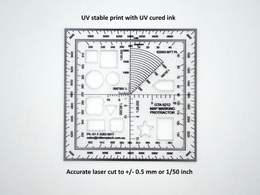 GTA 5212 Map Marking Protractor These protractors are digitally printed on the underside of 1.5mm thick plastic to avoid parallax error. They are then laser cut to an accuracy of +/- 0.25 mm. Size: 120 x 120 x 1.5mm Protractor: Degr