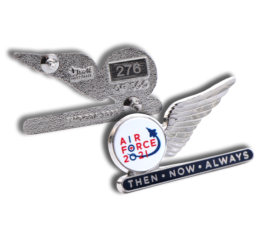 Air Force 100 Then. Now. Always. Limited Edition Pin Many parts create a whole and recognising the contributions of the diverse people supporting the Air Force is beautifully captured in this half-wing Lapel Pin. Limited to 500 units.  Dimensions: 34mm