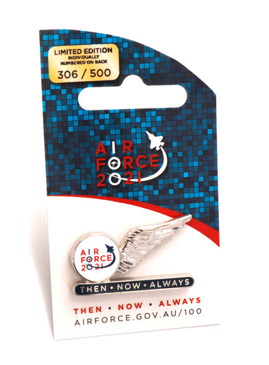 Air Force 100 Then. Now. Always. Limited Edition Pin Many parts create a whole and recognising the contributions of the diverse people supporting the Air Force is beautifully captured in this half-wing Lapel Pin. Limited to 500 units.  Dimensions: 34mm