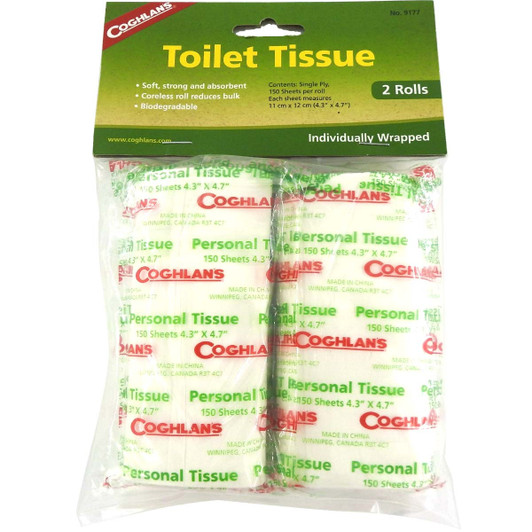 COG Toilet Tissue On The Go - 2 Rolls This packet of 2 biodegradable, soft, strong, absorbent and compact rolls of toilet tissue. This pack of individually wrapped loo rolls can be easily packed in your go-bag/bug-out-bag, survival kit or