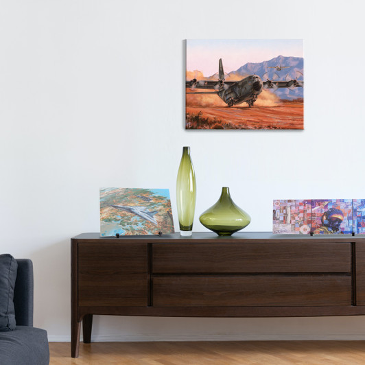 C-130 Hercules Limited Edition Canvas Artwork by Drew Harrison 600 x 450 Limited to 100 copies, this superb reproduction of Drew Harrison's First and Foremost is a stunning artwork commemorating the ongoing service of the C-130 Hercules with the Air Force in its many roles