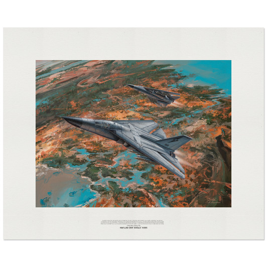 F-111 Limited Edition Canvas Artwork by Drew Harrison 600 mm x 450 mm Limited to 100 copies, this superb reproduction of Drew Harrison's Seek, Strike and Return, is a stunning artwork capturing the service of the F-111 from the controversial beginnings through to the re