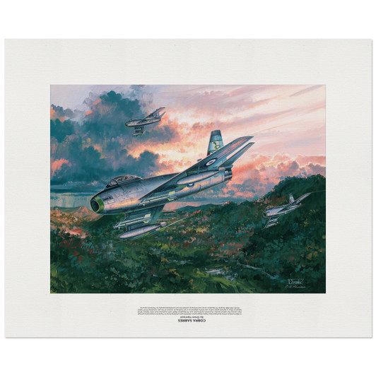 CAC Sabre Limited Edition Canvas Artwork by Drew Harrison 600 x 450 Limited  to 100 copies, this superb reproduction of Drew Harrison's Cobra Sabres is captivating artwork depicting  the striking CA-27 Sabre as part of the holding force with 79 Squadron at Ubon,  Thai