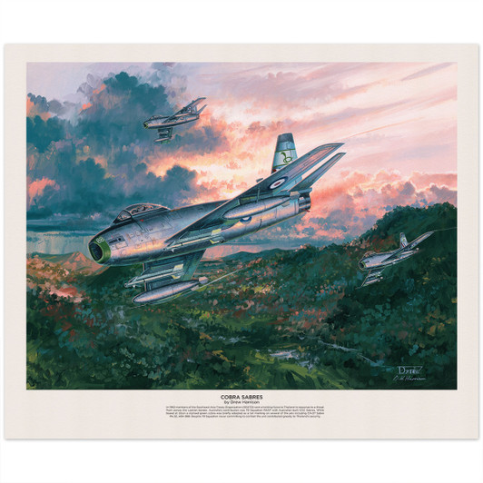 CAC Sabre Limited Edition Print by Drew Harrison 600 x 450 Limited  to 250 copies, this superb reproduction of Drew Harrison's Cobra Sabres is a captivating work depicting  the striking CA-27 Sabre as part of the holding force with 79 Squadron at Ubon,  Thail