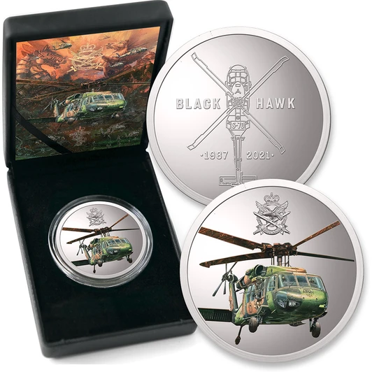 Black Hawk Sunset Limited Edition Medallion The proof-quality medallion that brings the Black Hawk to you.   Featuring the leading S-70A-9 Black Hawk from Drew Harrison's powerful artwork, this fantastic medallion is perfect for adding to your