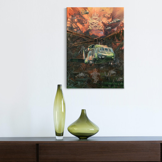 Black Hawk Sunset - Limited Edition Canvas Print 1000 x 700 The sensational reproduction of Drew Harrison's monumental end of service work Black Hawk Sunset.   Display this beautiful artwork in your home, office, or mess with a superb reproduction that capture