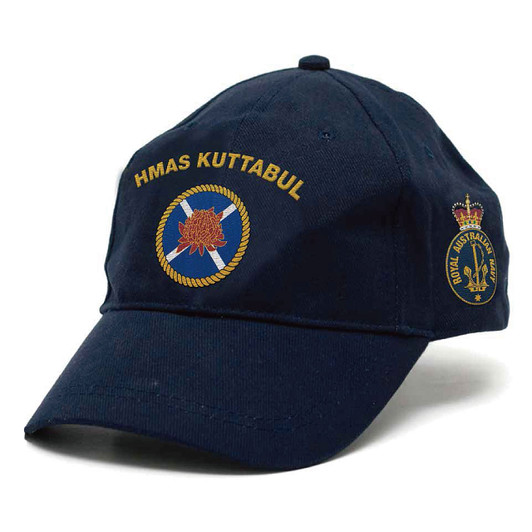 HMAS Kuttabul Policy Cap HMAS Kuttabul Policy Cap, order now from the military specialists. Quality Heavy brushed cotton cap with the Navy Ceremonial badge on the left side. Hook-and-loop adjustment at the back to fit most.