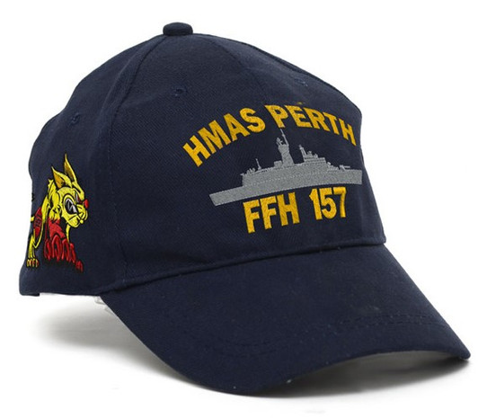 HMAS Perth Policy Cap HMAS Perth Policy Cap, order now from the military specialists.  Quality Heavy brushed cotton cap with the Navy Ceremonial badge on the left side. Hook-and-loop adjustment at the back to fit most.