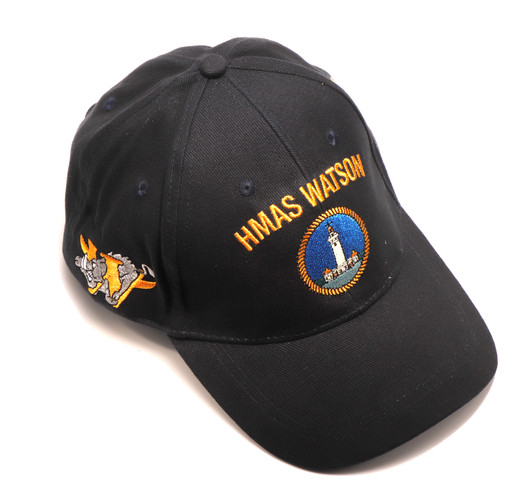 HMAS Watson Policy Cap HMAS Watson Policy Cap, order now from the military specialists. Quality Heavy brushed cotton cap with the Navy Ceremonial badge on the left side. Hook-and-loop adjustment at the back to fit most.