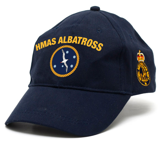 HMAS Albatross Policy Cap HMAS Albatross Policy Cap, order now from the military specialists. Quality Heavy brushed cotton cap with the Navy Ceremonial badge on the left side. Hook-and-loop adjustment at the back to fit most.