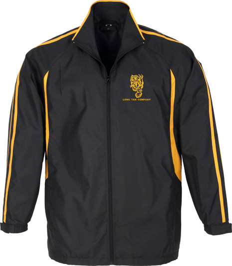 Long Tan Company Tracksuit Jacket Outer: 100% Polyester fabric with contrasting micro-fibre panels. Inner: Single jersey lining. Raglan sleeve top with piping detail. Full zip front with two zippered pockets. Elasticised sleeve cuffs Long Tan Company Tracksuit Jacket Outer: 100% Polyester fabric with contrasting micro-fibre panels. Inner: Single jersey lining. Raglan sleeve top with piping detail. Full zip front with two zippered pockets. Elasticised sleeve cuffs