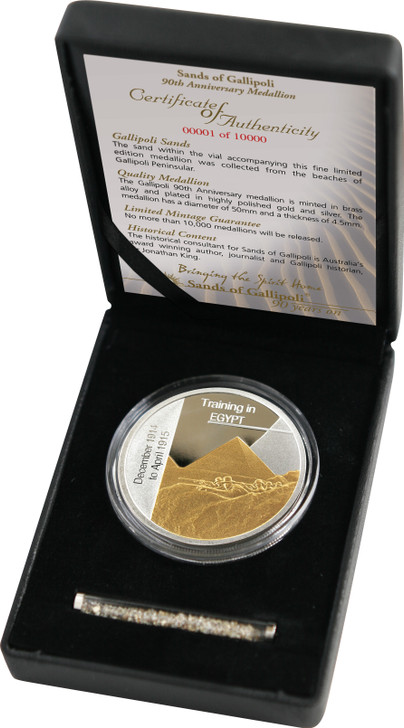 SoG 05 Ltd. Ed. Medallion - Training in Egypt The Stunning Sands of Gallipoli 2005 release Training in Egypt Limited Edition Medallion from the military specialists. En route to Gallipoli the Australian Imperial Force gathered in Egypt to ready t