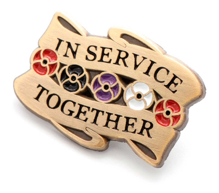 Serving Together Lapel Pin We serve together. Honour the wide range of people, communities, and companions who come together to serve Australia. This beautiful and intricate lapel pin features red, black, white, and purple popp