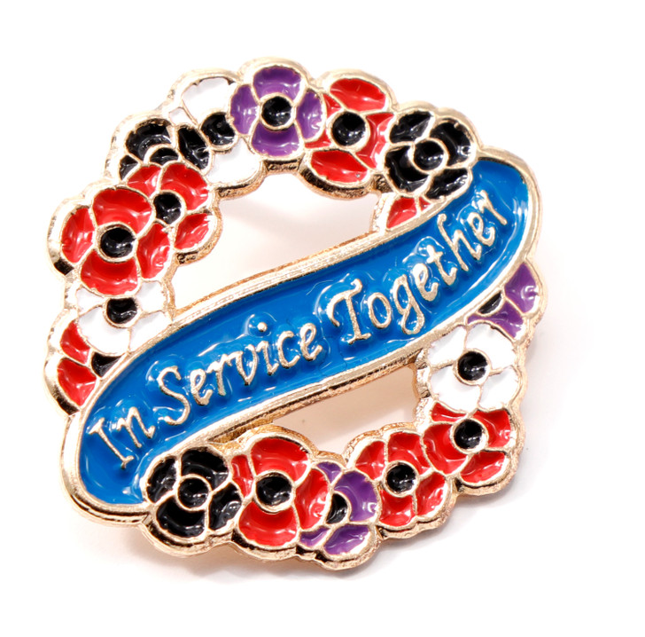 Serving Together Wreath Lapel Pin We serve together. Honour the wide range of people, communities, and companions who come together to serve Australia. This beautiful and intricate lapel pin features a wreath of red, black, white, and