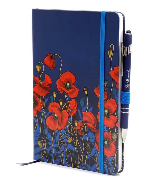 Mpressions Where the Poppies Grow Notebook & Pen Set A beautiful notebook and pen set featuring the vibrant poppies from the sensational artwork 'Where the Poppies Grow' by Australian artist Adriana Seserko.  This set includes a 200-page notebook featur