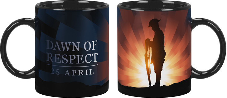 Dawn of Respect Coffee Mug Dawn of Respect Coffee Mug A beautiful reminder to remember every day. This stunning coffee mug features a digger resting at reversed arms in silhouette against a vibrant sunrise. A beautiful gift or collectable, this coffee mu