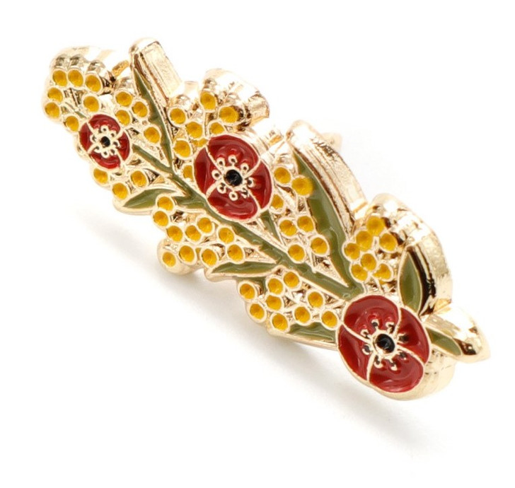 Poppy & Wattle Lapel Pin Vibrant and beautiful, this stunning lapel pin beautiful captures the resilience and remembrance of the wattle and the poppy. A perfect addition to any collection. Featuring beautiful red poppies nest