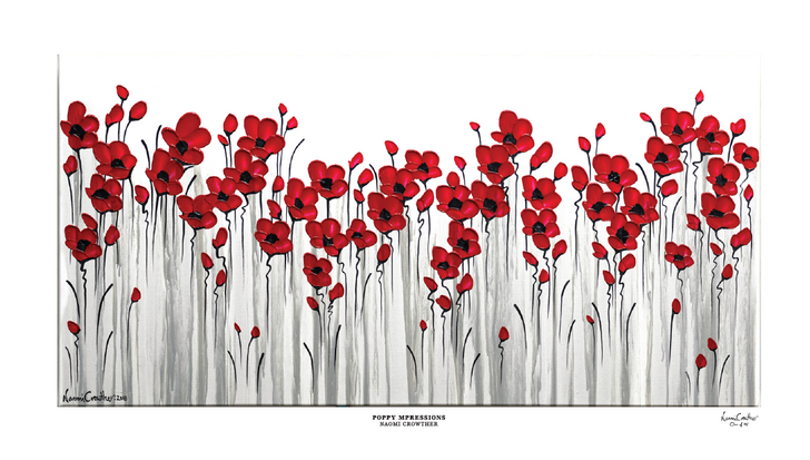 Poppy Mpressions Fields of Poppies Ltd Edition Etching Paper Print 1200 x 600 Naomi Crowther's whimsical, stylised poppy field draws the viewer in and invites them to reflect on the past. The layered background gives depth to the scene, and the use of thick impasto paint applie