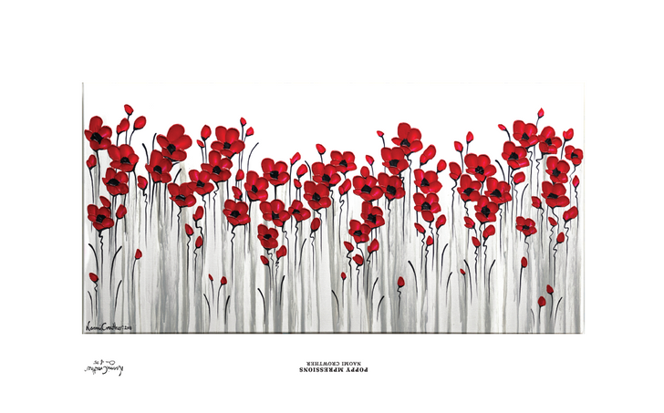 Poppy Mpressions Fields of Poppies Ltd Edition Canvas Print 600 x 300 Naomi Crowther's whimsical, stylised poppy field draws the viewer in and invites them to reflect on the past. The layered background gives depth to the scene, and the use of thick impasto paint applie