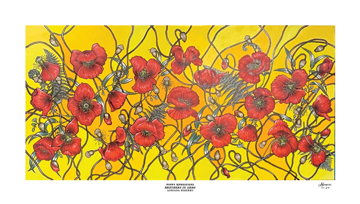 Poppy Mpressions Brothers In Arms Ltd Edition Etching Paper Print 1200 x 600 Brothers In Arms is a stunning artwork from Canberra artist Adriana Seserko. Australian eucalyptus leaves and New Zealand silver ferns fronds are entwined amongst the spray of Flanders poppies, evokin