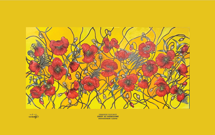 Poppy Mpressions Brothers In Arms Ltd Edition Canvas Print 600 x 300 Brothers In Arms is a stunning artwork from Canberra artist Adriana Seserko. Australian eucalyptus leaves and New Zealand silver ferns fronds are entwined amongst the spray of Flanders poppies, evokin
