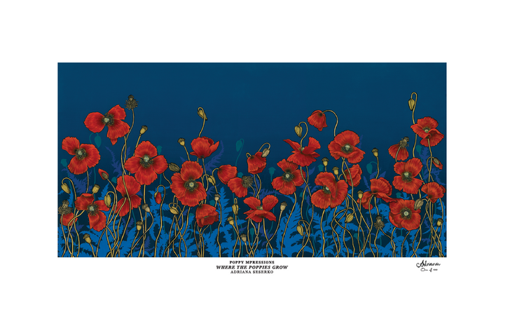 Mpressions Where the Poppies Grow Ltd Edition Etching Paper Print 600 x 300 Mpressions Where the Poppies Grow Ltd Edition Etching Paper Print 600 x 300 A stunning reproduction of Canberra artist Adriana Seserkos Where the Poppies Grow. Seserko's work portrays the poppy not as a pretty decorative flower, but as a metaphor for the human condition. Impa