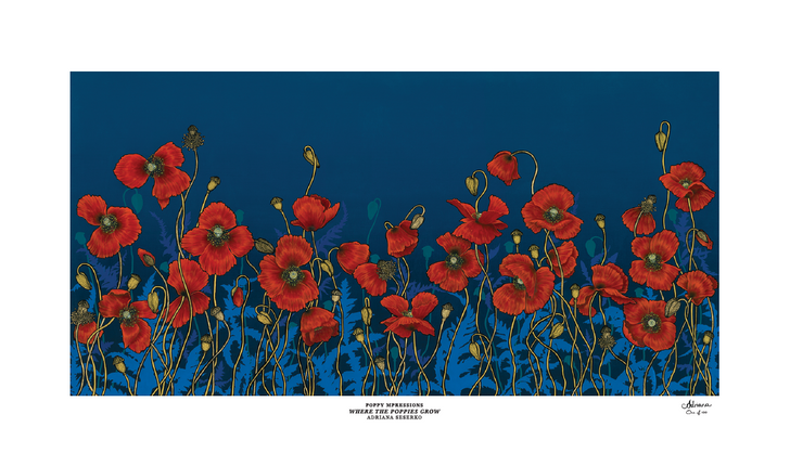 Mpressions Where the Poppies Grow Ltd Edition Etching Paper Print 900 x 450 Mpressions Where the Poppies Grow Ltd Edition Etching Paper Print 900 x 450 A stunning reproduction of Canberra artist Adriana Seserkos Where the Poppies Grow. Seserko's work portrays the poppy not as a pretty decorative flower, but as a metaphor for the human condition. Impa