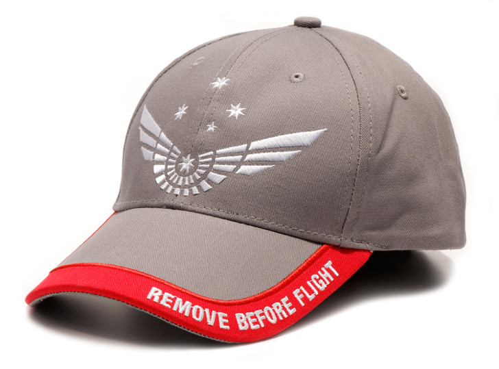 Remove Before Flight Cap This iconic symbol of flight beautifully embroidered on the peak, topped off with embroidered wings and the Southern Cross on the front and kangaroo on the back. A must have fashion statement for ever