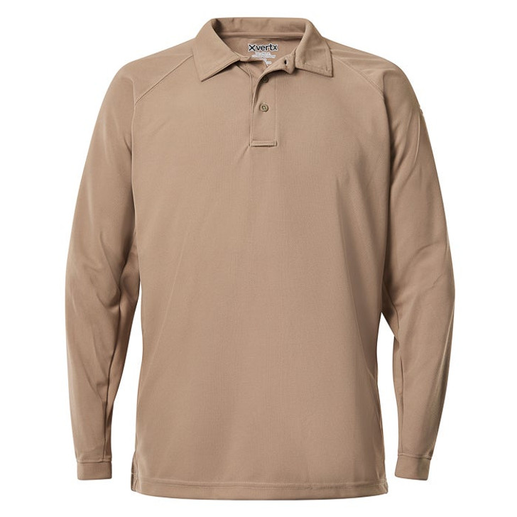 Vertx-Mens Coldblack Long Sleeve Polo-Tan Vertx-Mens Coldblack Long Sleeve Polo-Tan Nonstop Professional Performance The Vertx coldblack® polo allows users to stay cool while wearing dark colors in the sunlight. Exclusive coldblack® Technology, combined with moisture-wicking fabric