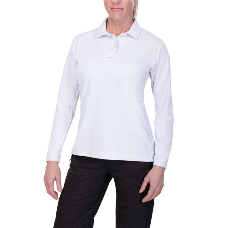 Vertx-Women's Coldblack Long Sleeve Polo-White Vertx-Women's Coldblack Long Sleeve Polo-White Professional look with all the tactical functionality The Vertx coldblack® polo allows users to stay cool while wearing dark colors in the sunlight. Exclusive coldblack® technology combined with moi