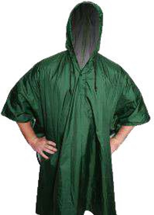 Ponchos-Polyester-Green Ponchos-Polyester-Green PU coated waterproof Micro-ripstop polyester. Auscam and Olive are non-ripstop. Waterproof taped seams Draw cord hood Reinforced stitching around neck line and opening 2000mm waterhead rating 200 cm x