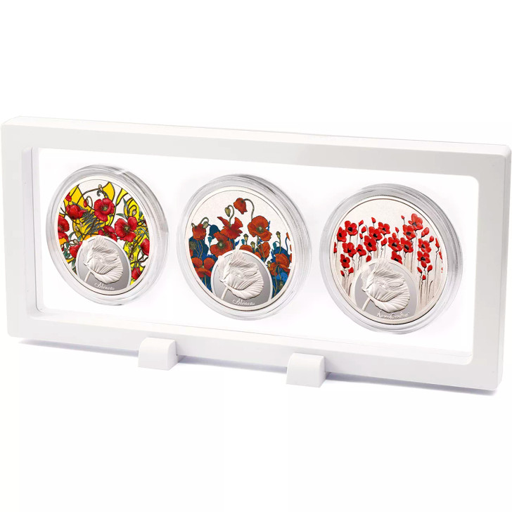 Poppy Mpressions Set Of Three Limited Edition Medallions In 3D Frame Three striking medallions in a white 3D frame, bring together a beautiful commemorative touch with stunning artworks to create a wonderful addition to any collection.  Featuring the vibrant poppies fr