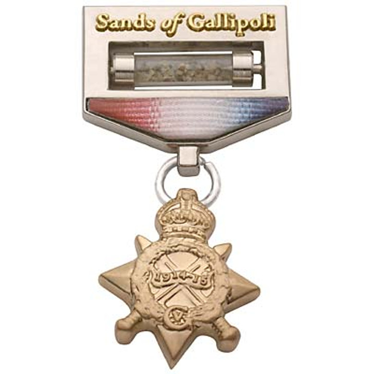 SOG 09 Lapel Pin SOG 09 Lapel Pin A stylish lapel pin bearing the 2009 Sands of Gallipoli design which incorporates highly polished two-tone plating gold and silver and authentic sand from Gallipoli housed in a cylindrical vial that e