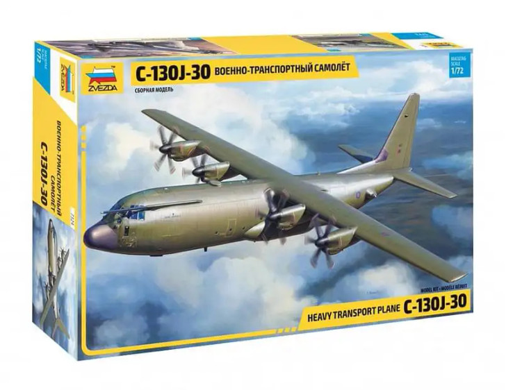 Zvezda 1/72 C-130 J-30 'Hercules' Plastic Model Kit *Aus Decals* Zvezda 1/72 C-130 J-30 'Hercules' Plastic Model Kit *Aus Decals* The American C-130J is a four-engine turboprop military transport aircraft. It is an upgrade of the C-130H with more powerful RR AE 2100 engines and 6-bladed scimitar propellers, a new braking system,