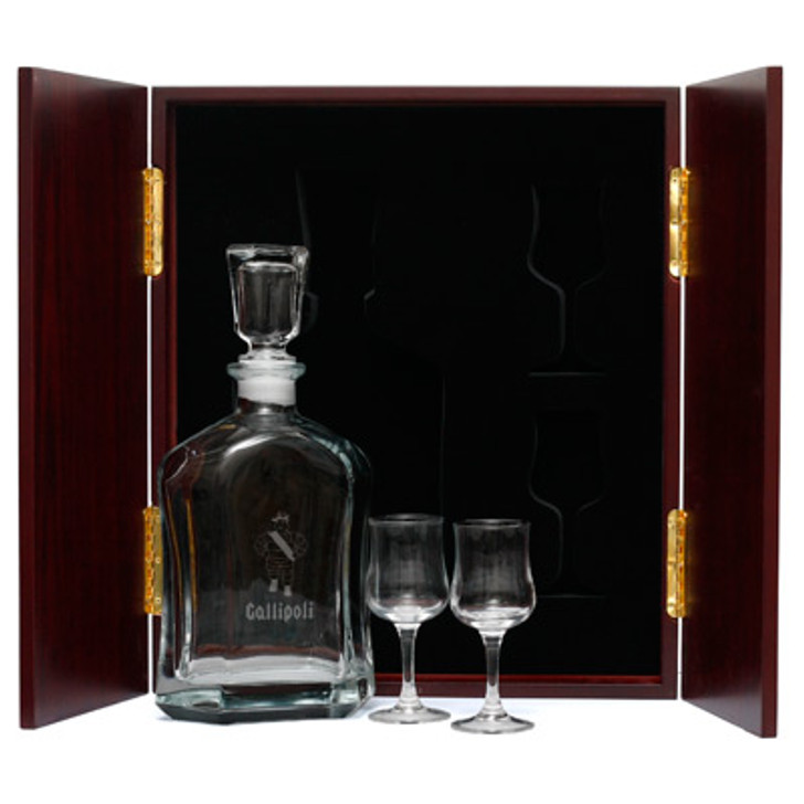 Gallipoli Company Decanter & Glasses in Display Case This (Gallipoli Company) Decanter in Display Case with Glasses, is the perfect gift, order it now from Military Shop. the beautiful two door timber finish display case with RMC crest handles measures