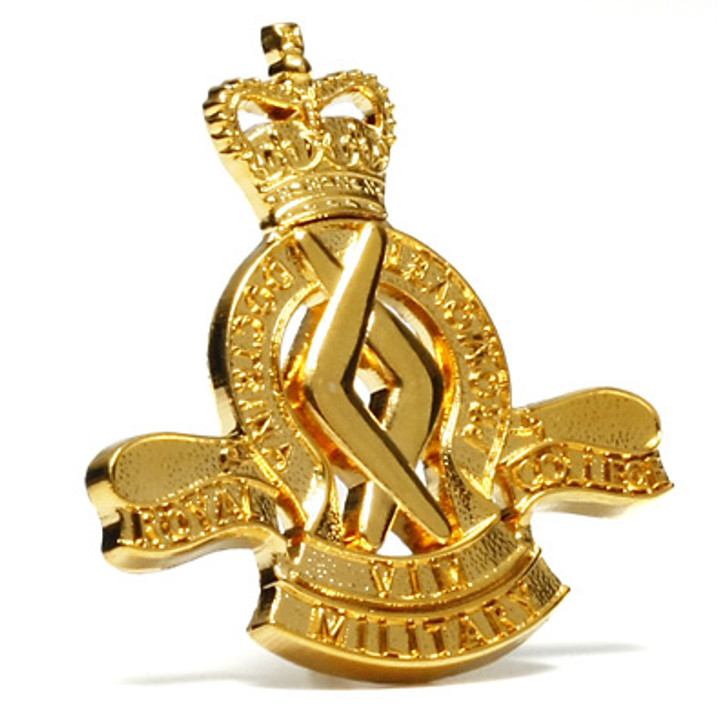 RMC Hat Badge This fantastic replica is the perfect hat badge for wear or for your collection. Featuring the Royal Military College badge in gold, this hat badge is designed to fit perfectly on standard uniform hat