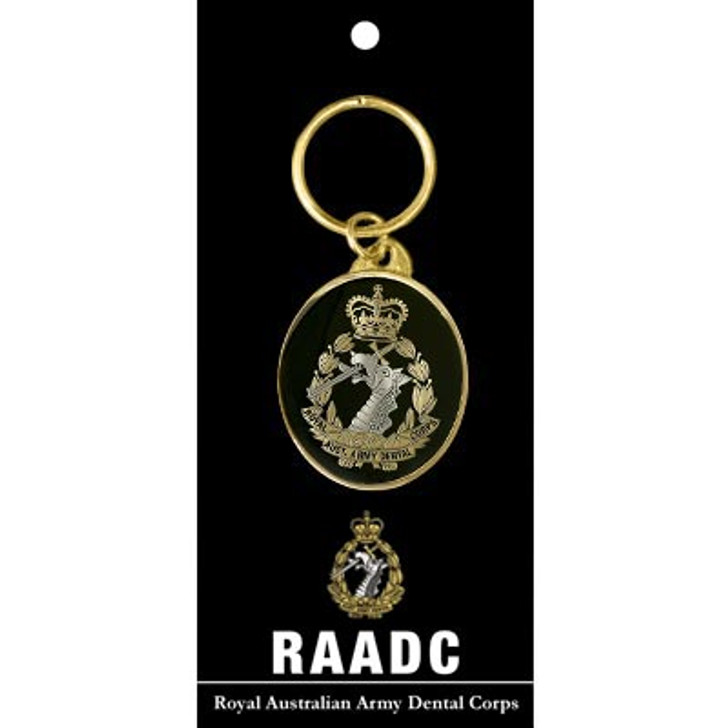 RAADC Key Ring On Card Royal Australian Army Dental Corps (RAADC) key ring. Order now from the military specialists. Displayed on a presentation card. This beautiful 40mm gold plated enamel key ring will keep your keys orga