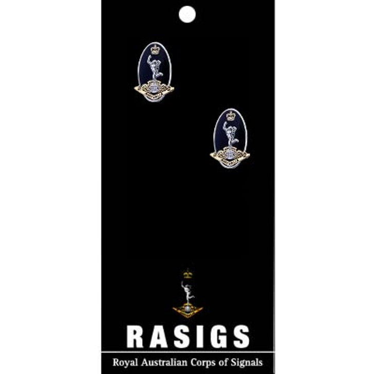 RASigs Cuff Links On Card RASigs Cuff Links On Card Royal Australian Corps of Signals (RASigs) 20mm full colour enamel cuff links. Order now from the military specialists. Displayed on a presentation card. These beautiful gold plated cuff links are the