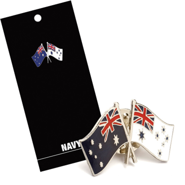 Australian Flag & Ensign Lapel Pin On Card Add this intricate lapel pin to your collection and wardrobe today. Featuring the Australian Flag crossed with the Royal Australian Navy Ensign, this lapel pin has full-colour enamel with silver plati