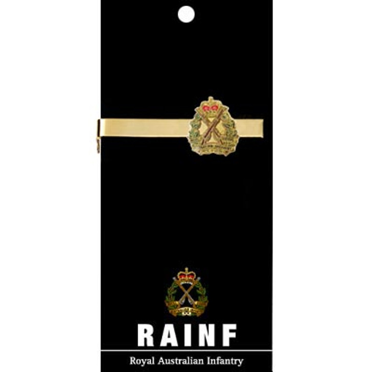 RAinf Tie Bar On Card RAinf Tie Bar On Card Royal Australian Infantry Corps (RA Inf) 20mm full colour enamel tie bar. Order now from the military specialists. Displayed on a presentation card. This beautiful gold plated tie bar looks great on b