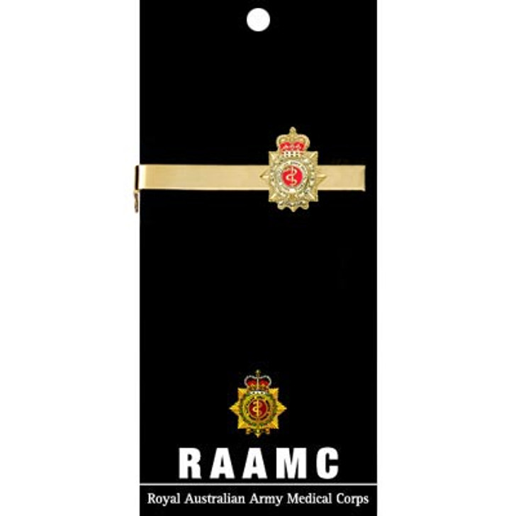 RAAMC Tie Bar On Card RAAMC Tie Bar On Card Royal Australian Army Medical Corps (RAAMC) 20mm full colour enamel tie bar. Order now from the military specialists. Displayed on a presentation card. This beautiful gold plated tie bar looks great o