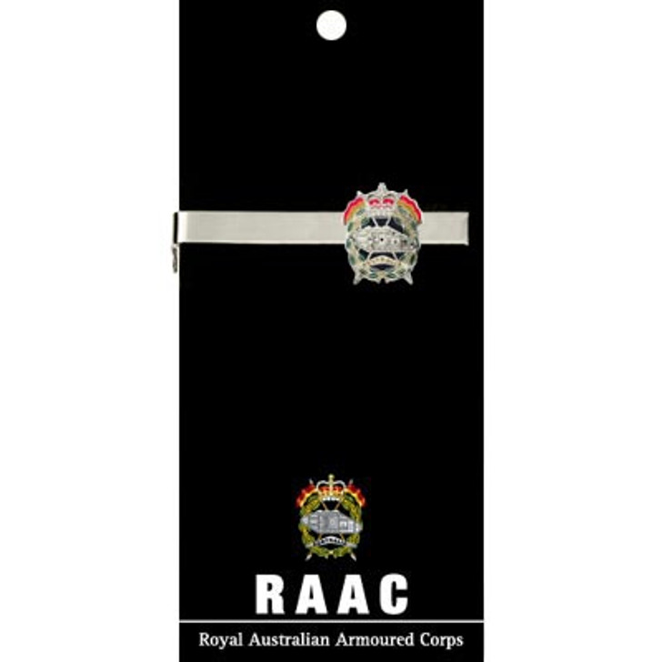 RAAC Tie Bar On Card Royal Australian Armoured Corps (RAAC) 20mm full colour enamel tie bar. Order now from the military specialists. Displayed on a presentation card. This beautiful gold plated tie bar looks great on bot